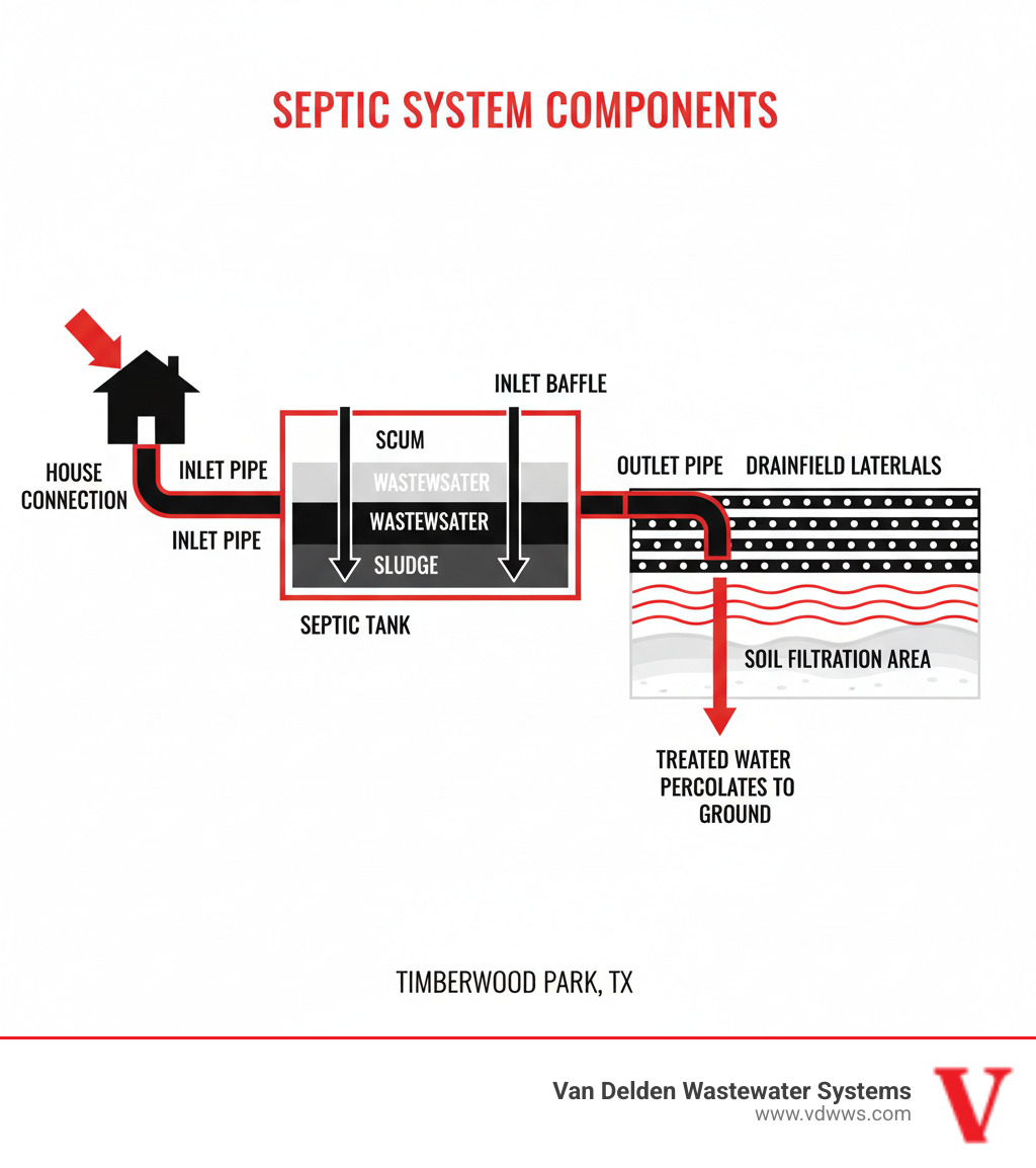 Comprehensive diagram showing septic system components from house connection through septic tank to drainfield, with clear labeling of pipes, baffles, and soil filtration areas in red, white, and black color scheme - septic pipe repair timberwood park tx infographic 