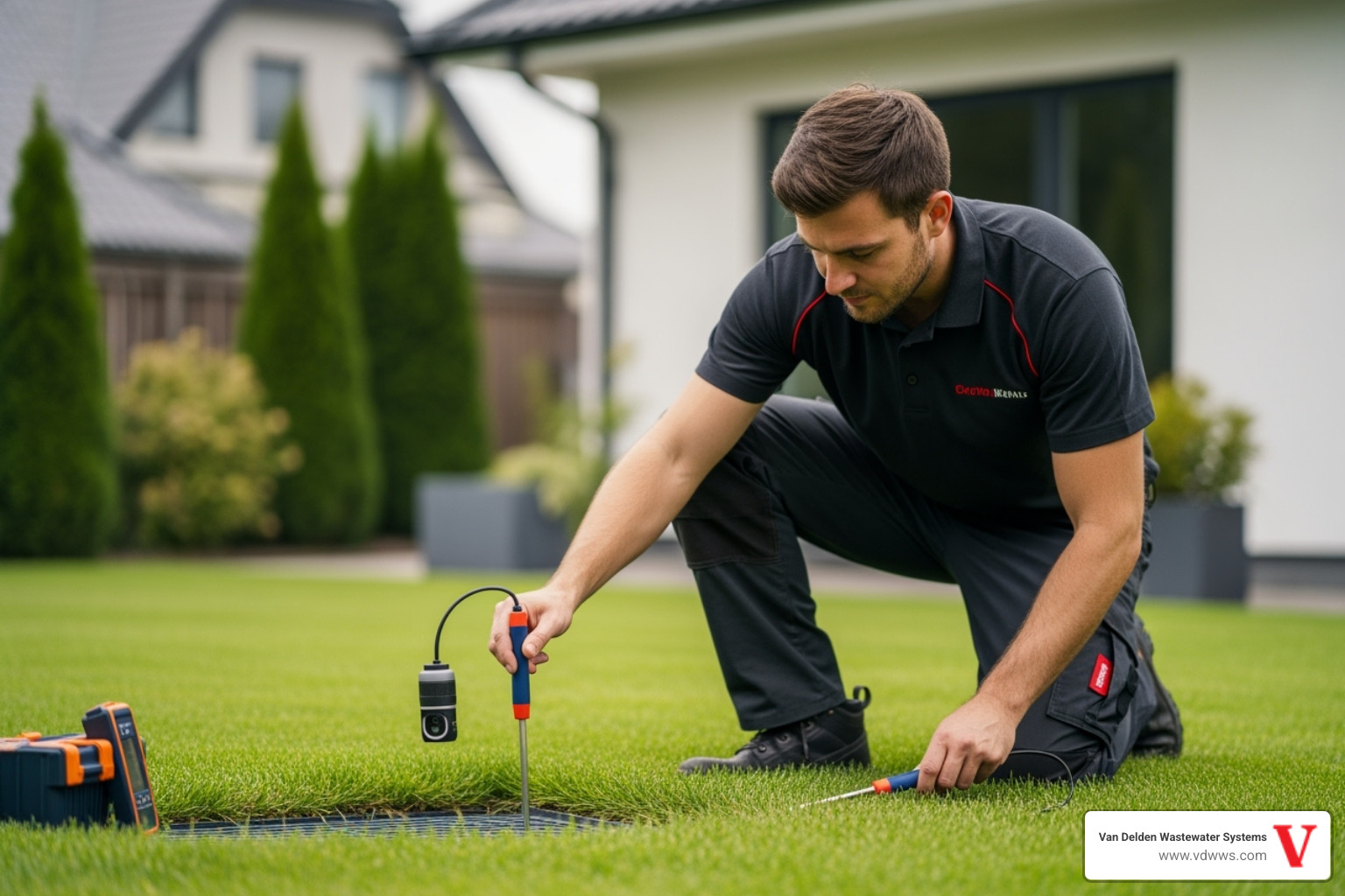 professional technician inspecting a drainfield area with diagnostic tools - drainfield maintenance bulverde tx