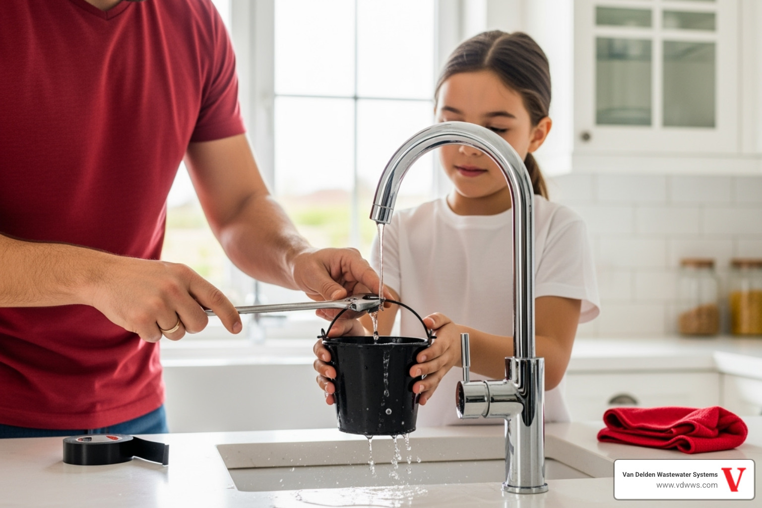 family conserving water by fixing a leaky faucet, with a focus on home maintenance - drainfield maintenance bulverde tx