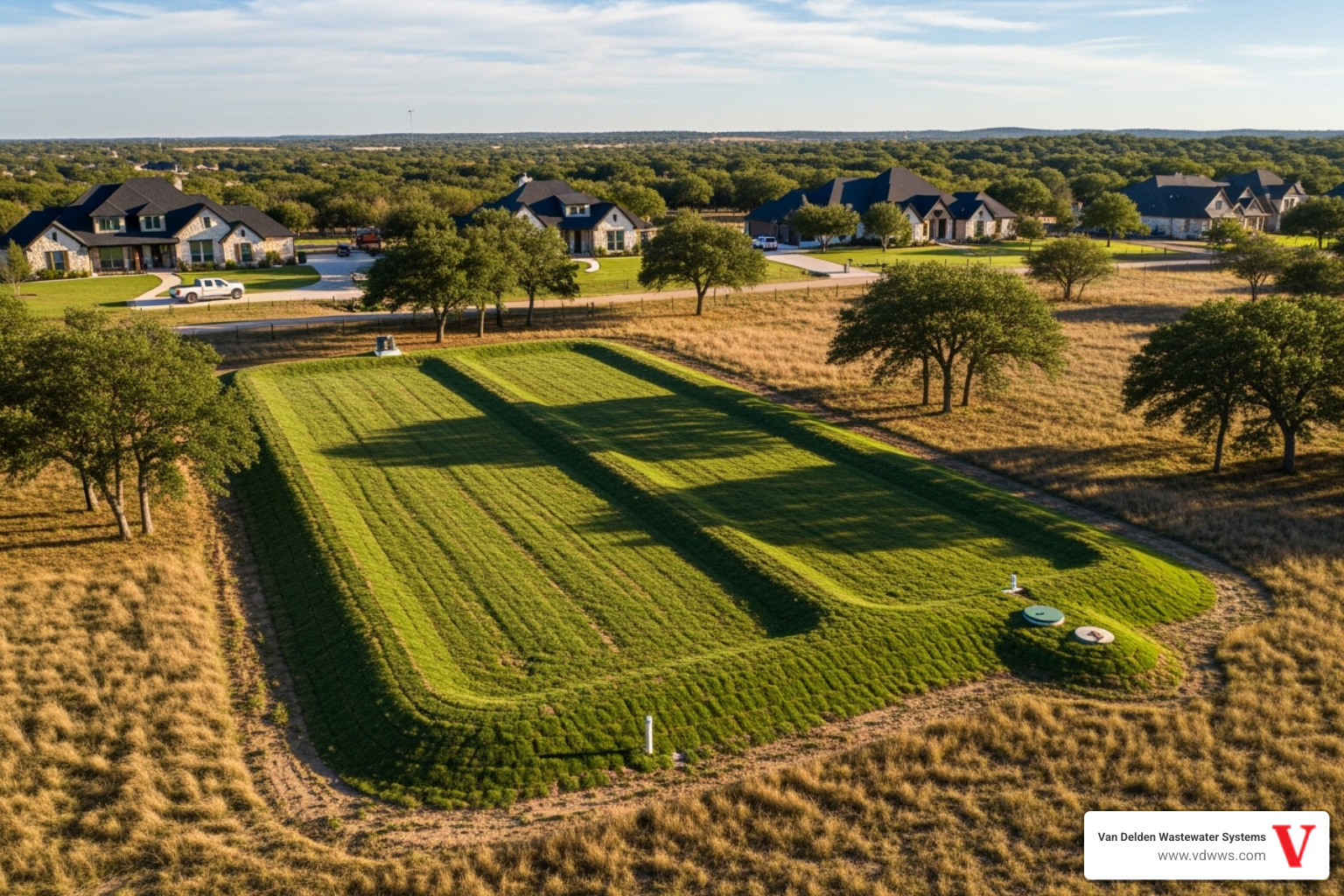 diagram showing a septic tank and drainfield with a subtle Texas Hill Country background, using brand colors #fe0103, #ffffff, #000000 - drainfield maintenance bulverde tx