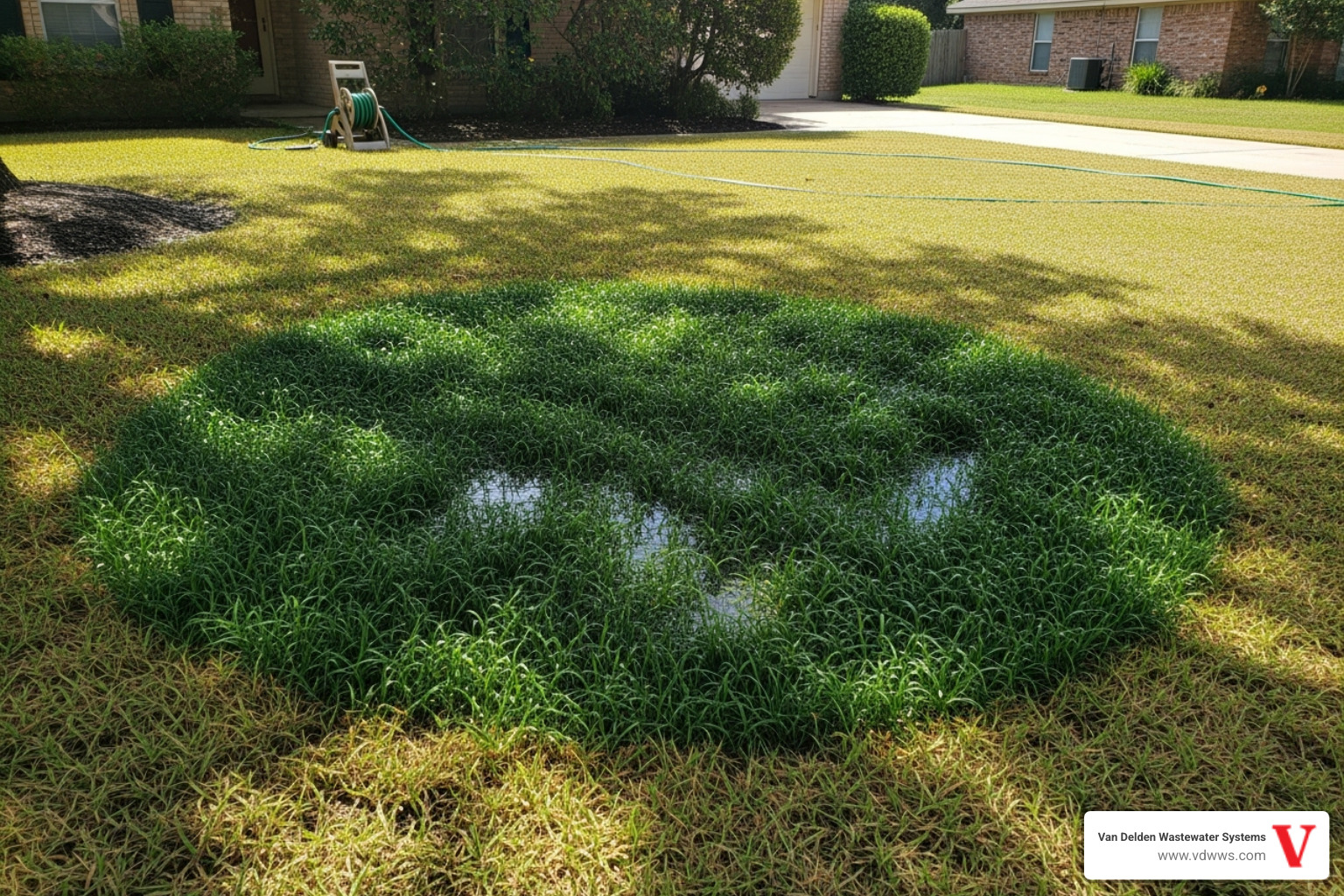 soggy, overly green patch of lawn indicating a potential drainfield issue - drainfield maintenance bulverde tx