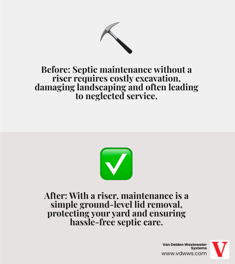 Infographic showing before and after septic riser installation: left side shows workers digging up a beautiful lawn with shovels and excavation equipment damaging landscaping, right side shows a clean ground-level access with a technician simply lifting a secure lid for easy maintenance access, using brand colors red #fe0103, white #ffffff, and black #000000 - septic riser installation grey forest tx infographic 2_facts_emoji_grey Infographic showing before and after septic riser installation: left side shows workers digging up a beautiful lawn with shovels and excavation equipment damaging landscaping, right side shows a clean ground-level access with a technician simply lifting a secure lid for easy maintenance access, using brand colors red #fe0103, white #ffffff, and black #000000 - septic riser installation grey forest tx infographic 2_facts_emoji_grey