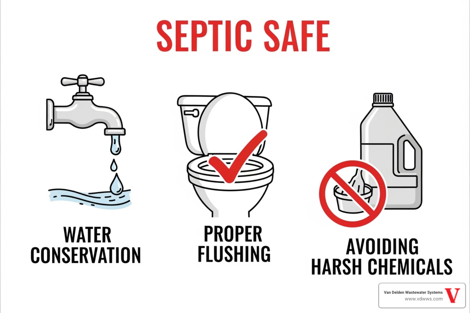 A "Septic Safe" checklist with icons in red, white, and black for water conservation (a dripping faucet), proper flushing (a toilet with a checkmark), and avoiding harsh chemicals (a "no" symbol over a chemical bottle) - drainfield repair san antonio tx