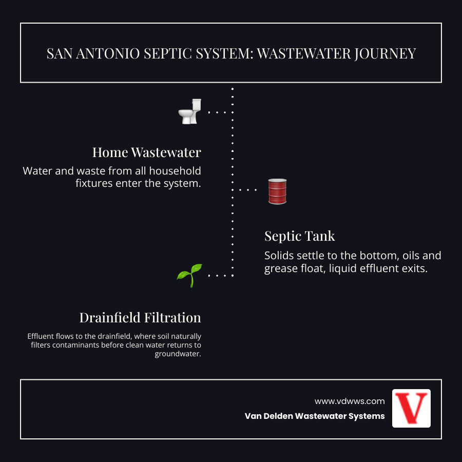 Detailed infographic showing the complete wastewater treatment process from a San Antonio home: water flowing from house fixtures through pipes to the septic tank for initial separation, then to the drainfield where soil naturally filters contaminants before clean water reaches groundwater, with red arrows showing flow direction and warning signs of failure highlighted in red - drainfield repair san antonio tx infographic infographic-line-3-steps-dark