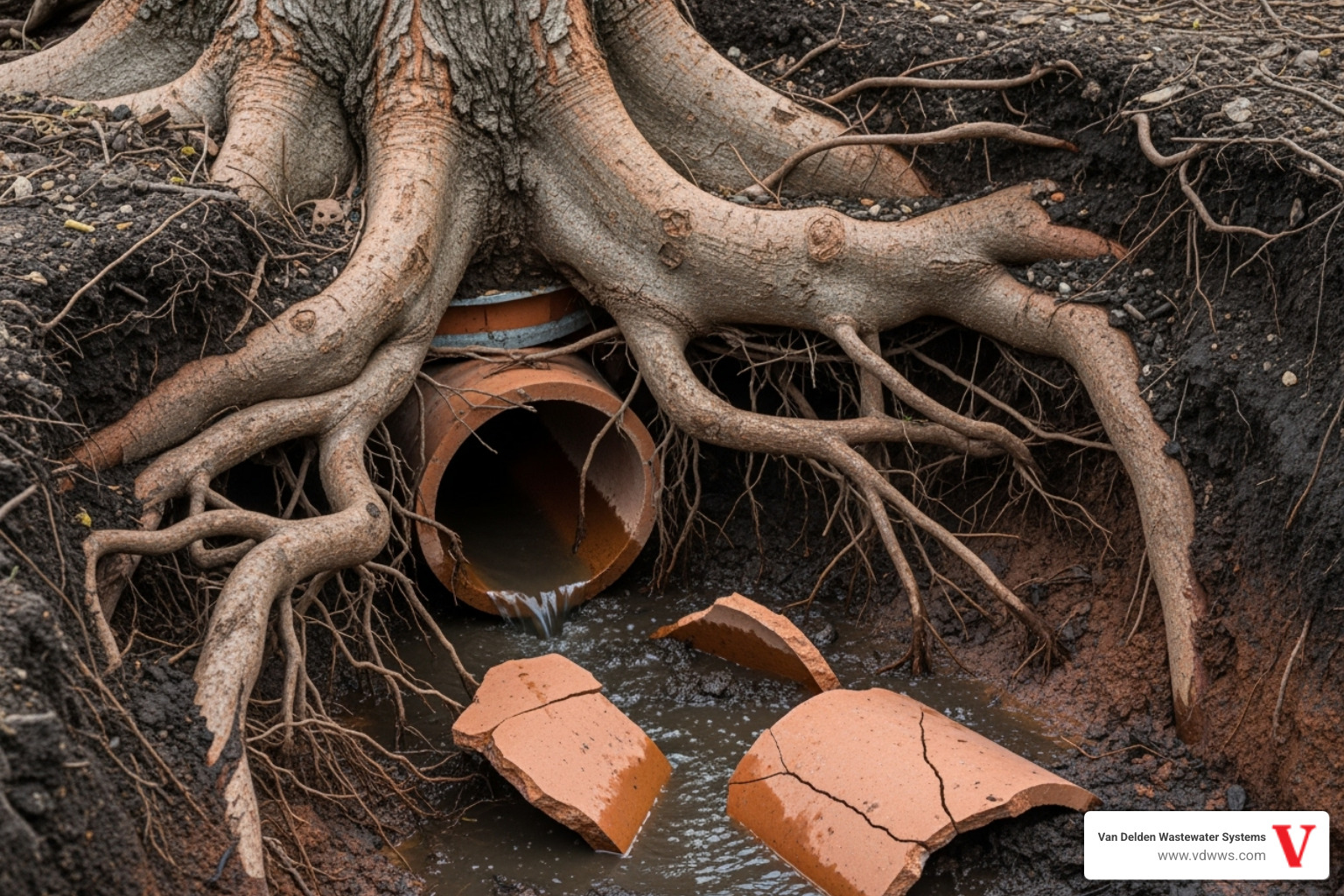 Tree roots aggressively breaking through a septic drain pipe, illustrating the damage they can cause to a drainfield system - drainfield repair san antonio tx