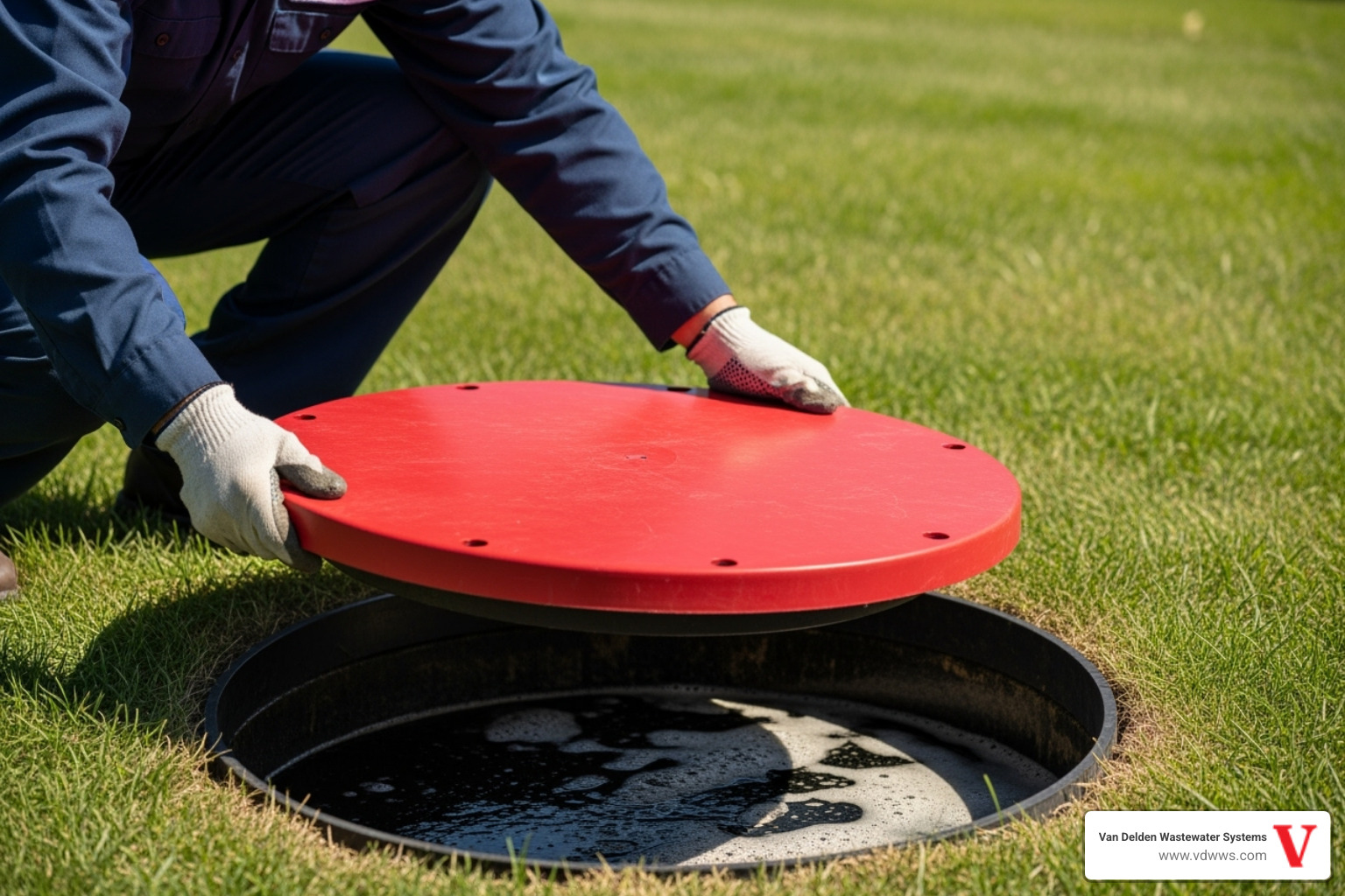 A septic technician lifts a bright red septic tank riser lid, revealing the interior for inspection, with a focus on safety and accessibility. - septic system repair boerne tx