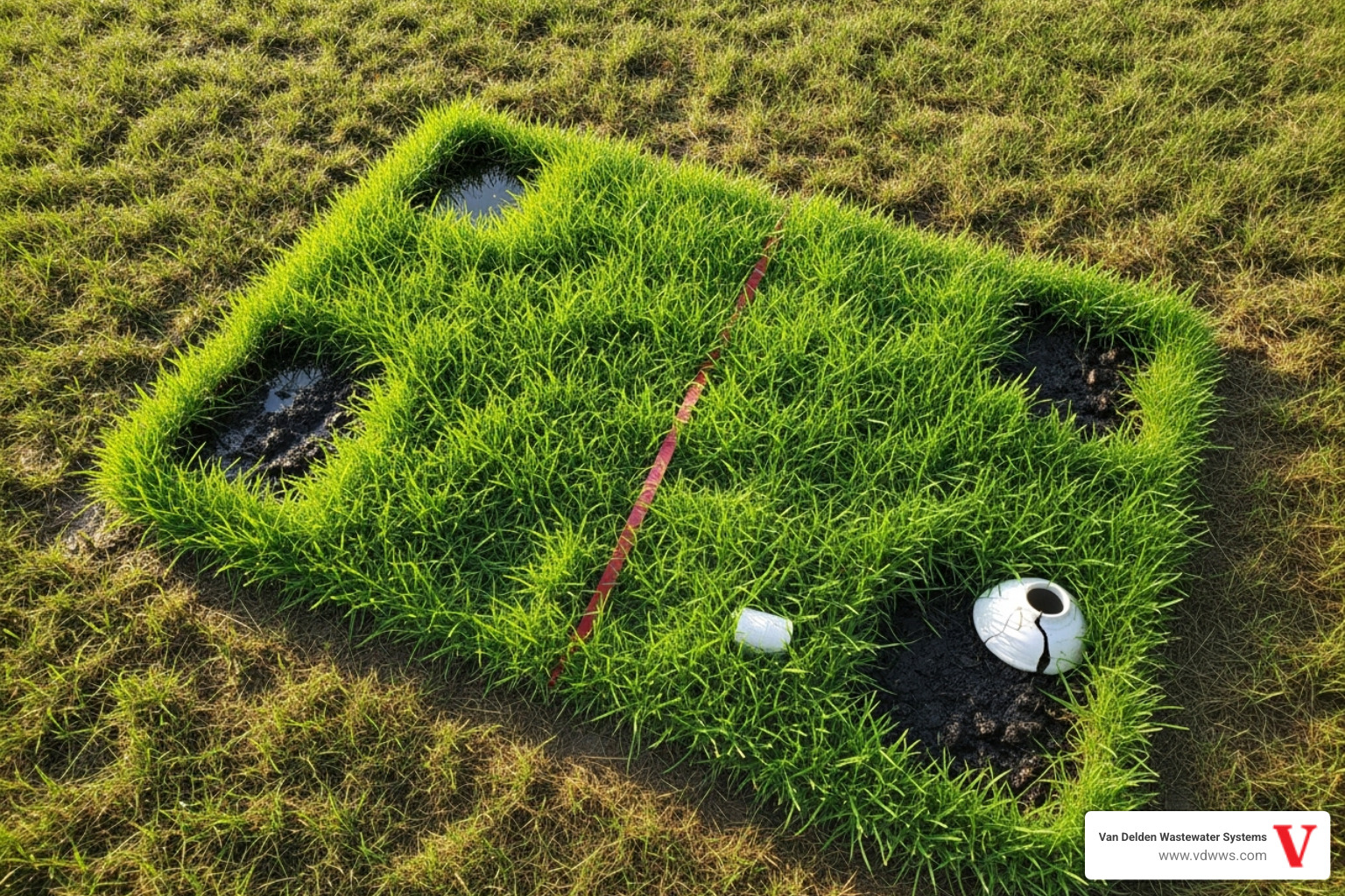 A vibrant green, soggy patch of grass stands out starkly against drier lawn, indicating a failing septic drainfield. The image subtly incorporates brand colors #fe0103, #ffffff, #000000 into the composition. - septic system repair boerne tx