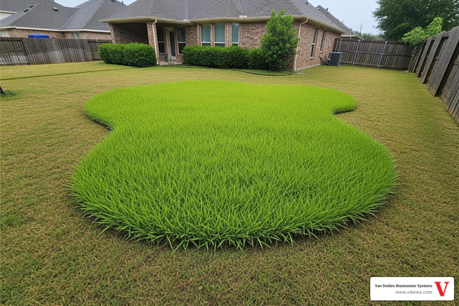 A soggy, overly green patch of grass in a residential yard near Spring Branch, indicating a potential drainfield issue, with a subtle border in brand colors #fe0103, #ffffff, #000000 - drainfield replacement spring branch tx