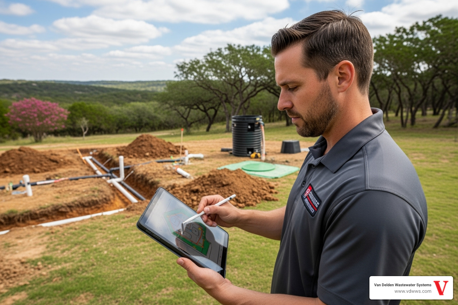 A certified technician reviewing a site plan for a septic system installation in a residential yard in Spring Branch, TX, with brand colors #fe0103, #ffffff, #000000 subtly integrated into the uniform or equipment - drainfield replacement spring branch tx