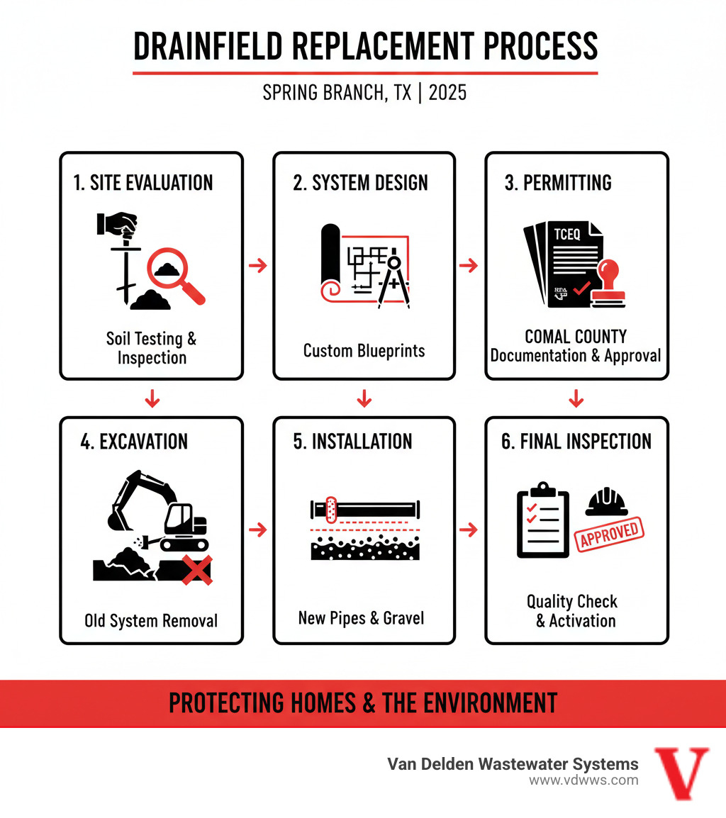 Comprehensive infographic showing the drainfield replacement process in Spring Branch TX, including site evaluation with soil testing equipment, system design blueprints, permit documentation from TCEQ and Comal County, excavation equipment removing old pipes, new perforated pipes being installed in gravel beds, and final inspection checklist - all displayed in a clear step-by-step visual format using brand colors #fe0103, #ffffff, and #000000 - drainfield replacement spring branch tx infographic 