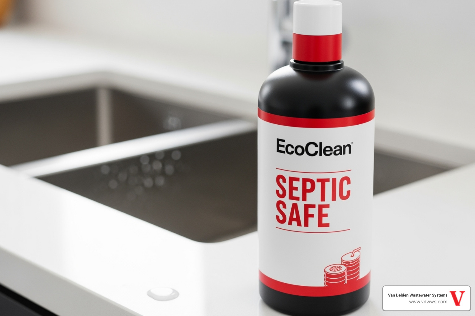 A "septic-safe" label prominently displayed on a household cleaning product, with a blurred kitchen sink in the background, subtly featuring brand colors #fe0103, #ffffff, #000000 - drainfield replacement spring branch tx