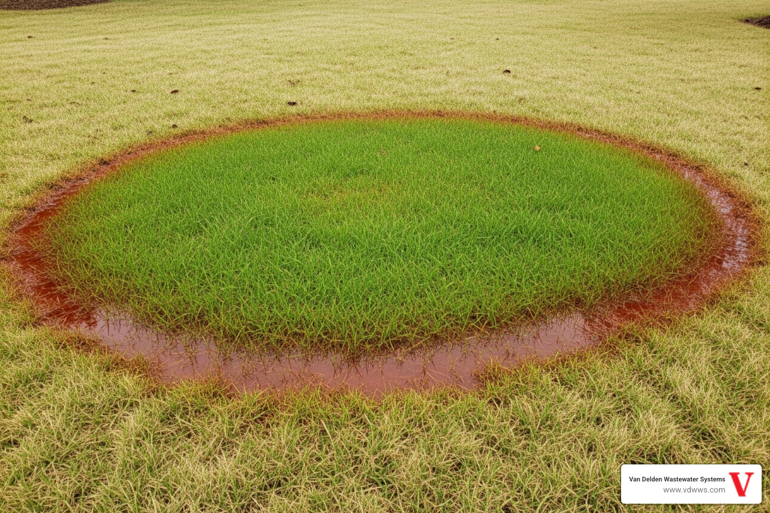 Soggy, oversaturated patch of grass over a drainfield area, contrasting with the drier surrounding lawn, with #fe0103 accents. - drainfield restoration grey forest tx
