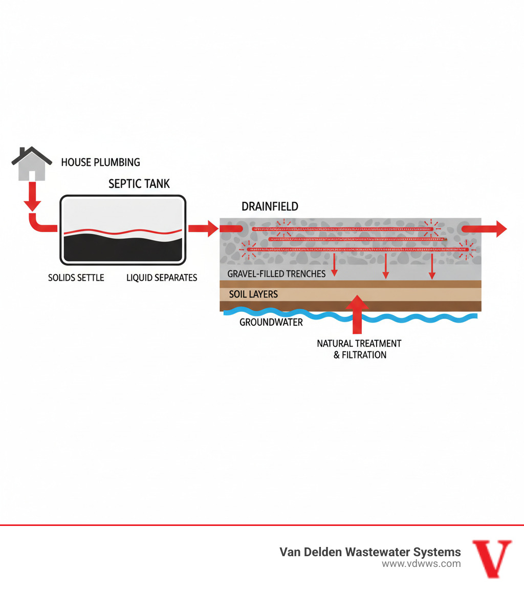 Infographic showing the complete septic system workflow: wastewater flows from house plumbing through pipes to the septic tank where solids settle and separate, then clarified liquid (effluent) exits through the outlet pipe and travels to the drainfield where it disperses through perforated pipes into gravel-filled trenches, finally percolating through soil layers for natural treatment and filtration before reaching groundwater. Diagram uses red accent color for pipes and flow arrows, black text labels, and white background. - drainfield restoration grey forest tx infographic 