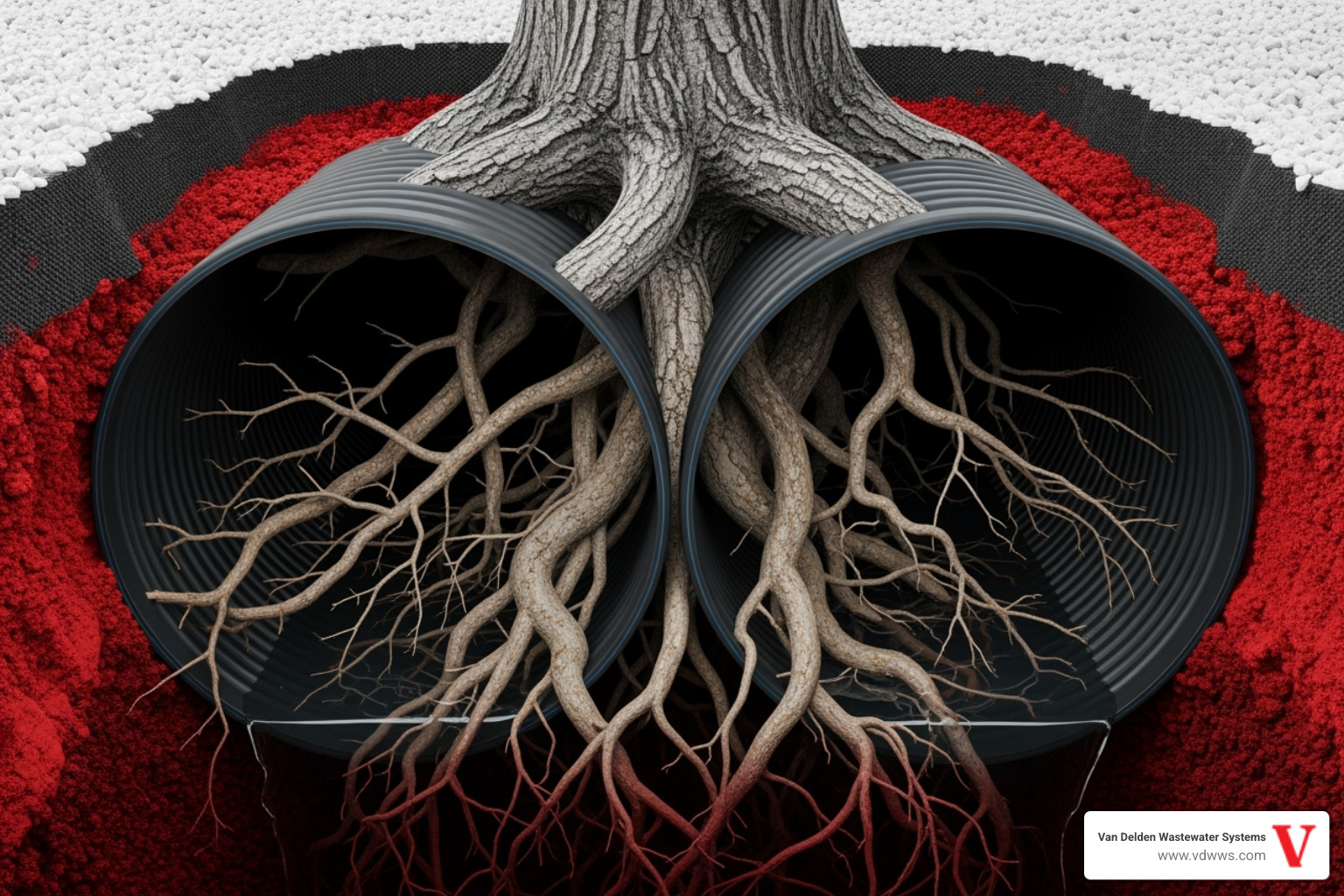 Image illustrating tree roots growing into perforated drainfield pipes, causing a blockage. The image features a vibrant red accent in the background, with clear white and black elements. - drainfield restoration grey forest tx