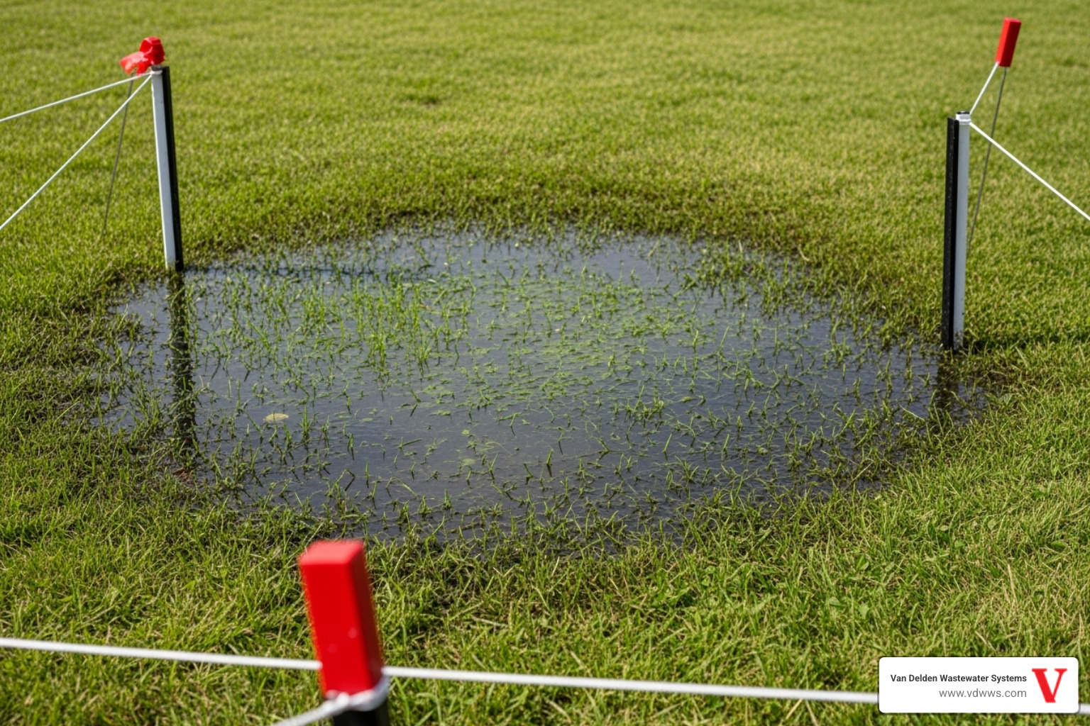 Soggy, oversaturated patch of grass over a drainfield area, contrasting with the drier surrounding lawn. The image features a vibrant red accent in the foreground, with clear white and black elements. - drainfield restoration grey forest tx