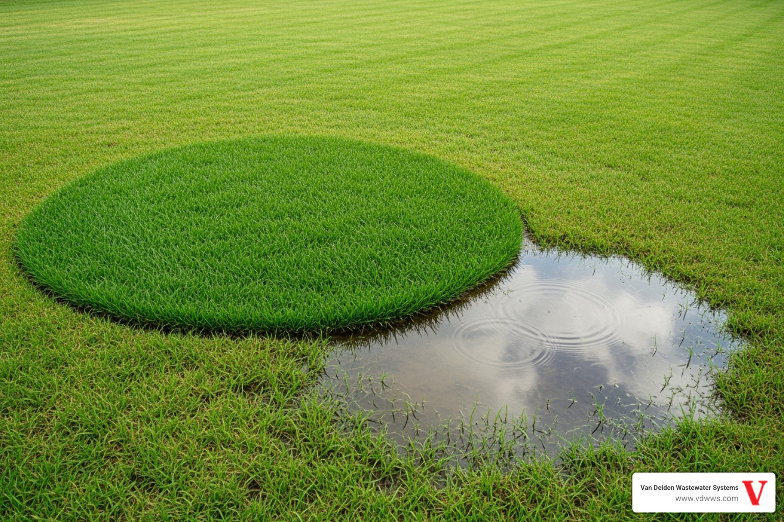 A lush, overly green patch of grass and a soggy area on a lawn, indicating a failing drainfield. - residential drainfield cleaning shavano park tx