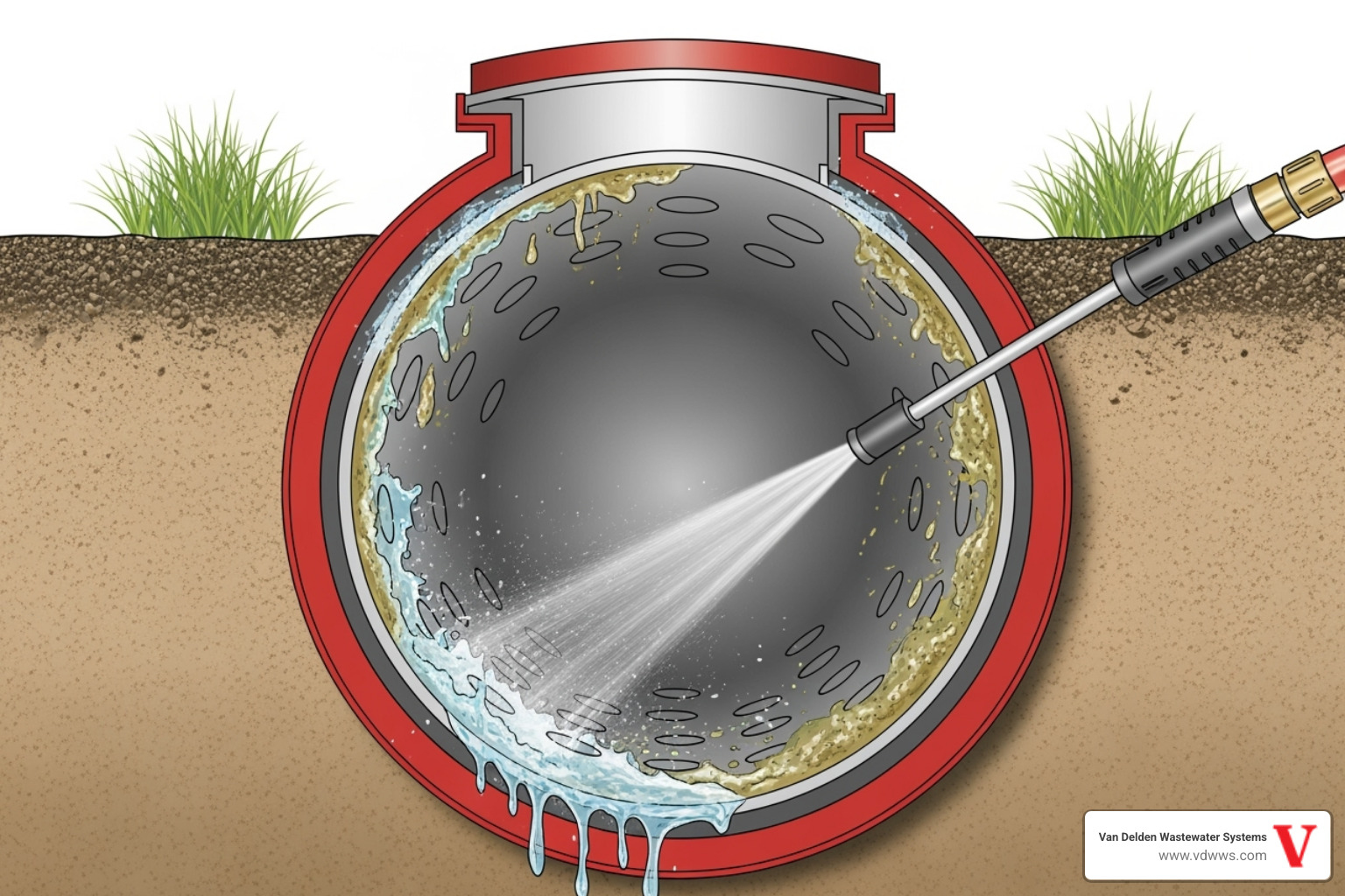 Diagram illustrating the hydro-jetting process, showing a high-pressure water hose clearing biomat from a perforated drainfield pipe. Use brand colors #fe0103, #ffffff, #000000. - residential drainfield cleaning shavano park tx