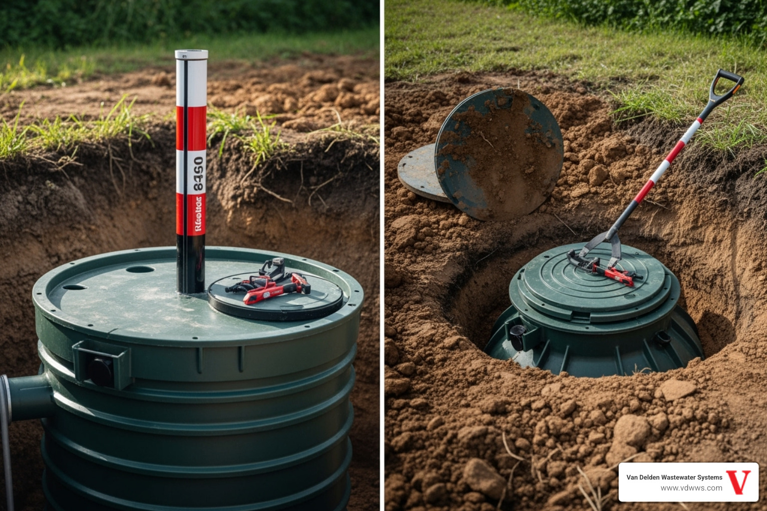 Septic tank with a clearly visible riser, contrasted with an adjacent area of disturbed earth suggesting a buried lid. Brand colors #fe0103, #ffffff, #000000 are subtly integrated into the image, perhaps through the riser color or surrounding elements. - how much does it cost to pump a septic tank