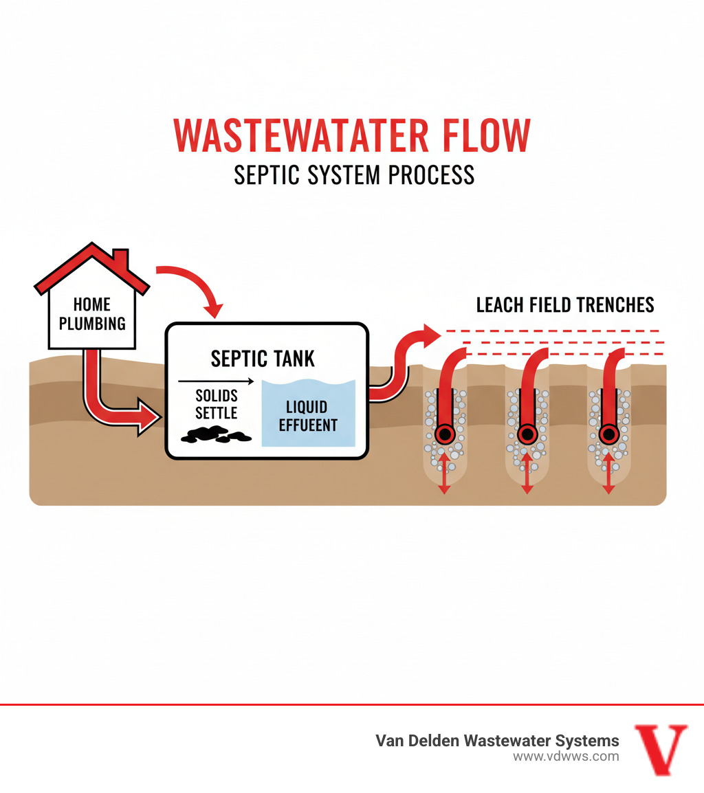 Infographic showing wastewater flow from house through septic tank to leach field: Home plumbing (in #fe0103) flows to rectangular septic tank (in #ffffff with #000000 outline) where solids settle, then liquid effluent flows through pipes to underground leach field trenches (shown in cross-section with perforated pipes surrounded by gravel in soil), with arrows indicating flow direction and labels for each component - Clogged leach field infographic 