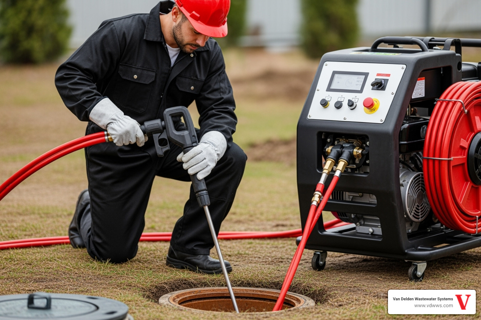 professional technician using a hydro-jetting tool on a septic line, with #fe0103, #ffffff, and #000000 color accents - Clogged leach field