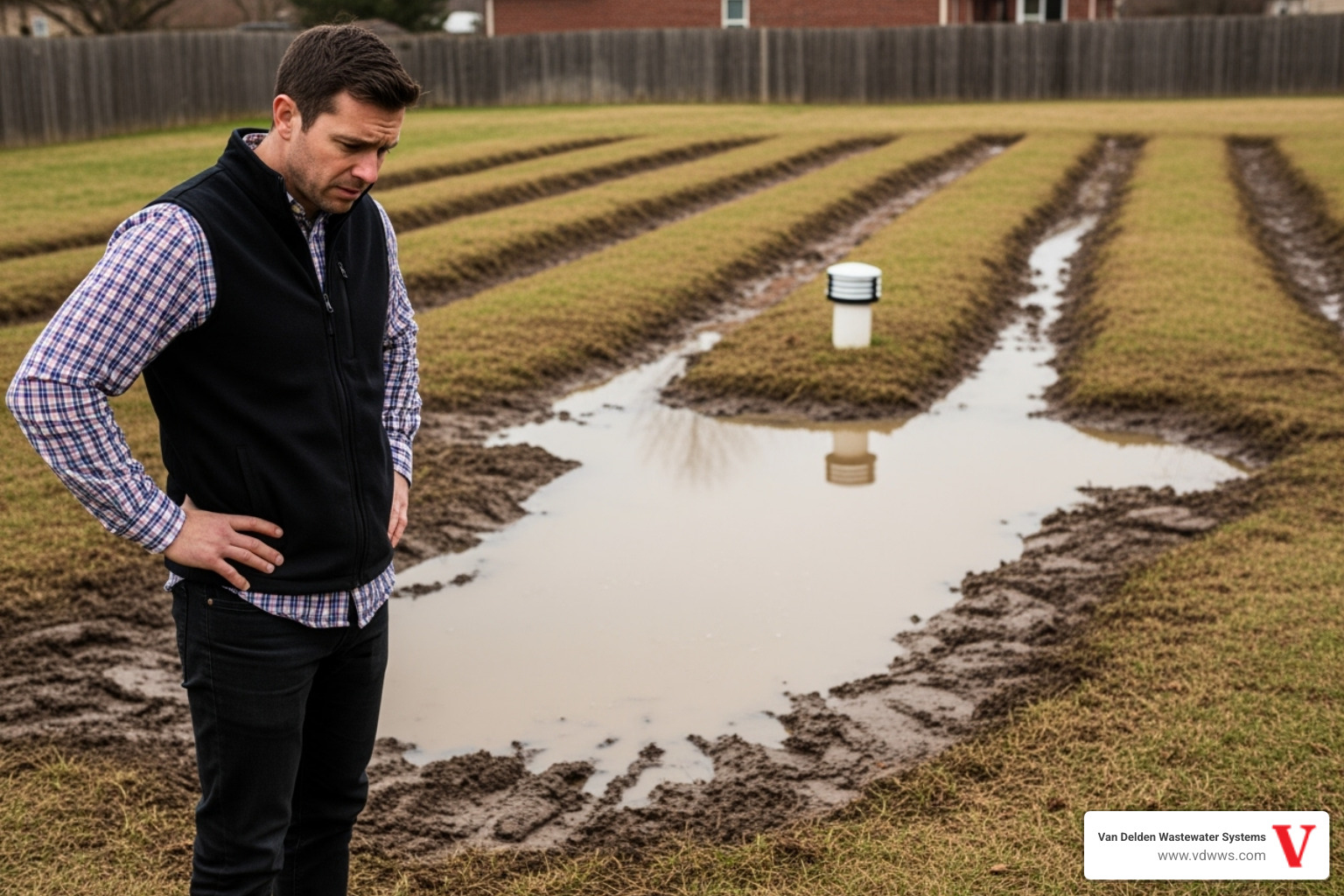 homeowner looking concerned at a puddle in their yard near the drainfield area, with #fe0103, #ffffff, and #000000 color accents - Clogged leach field