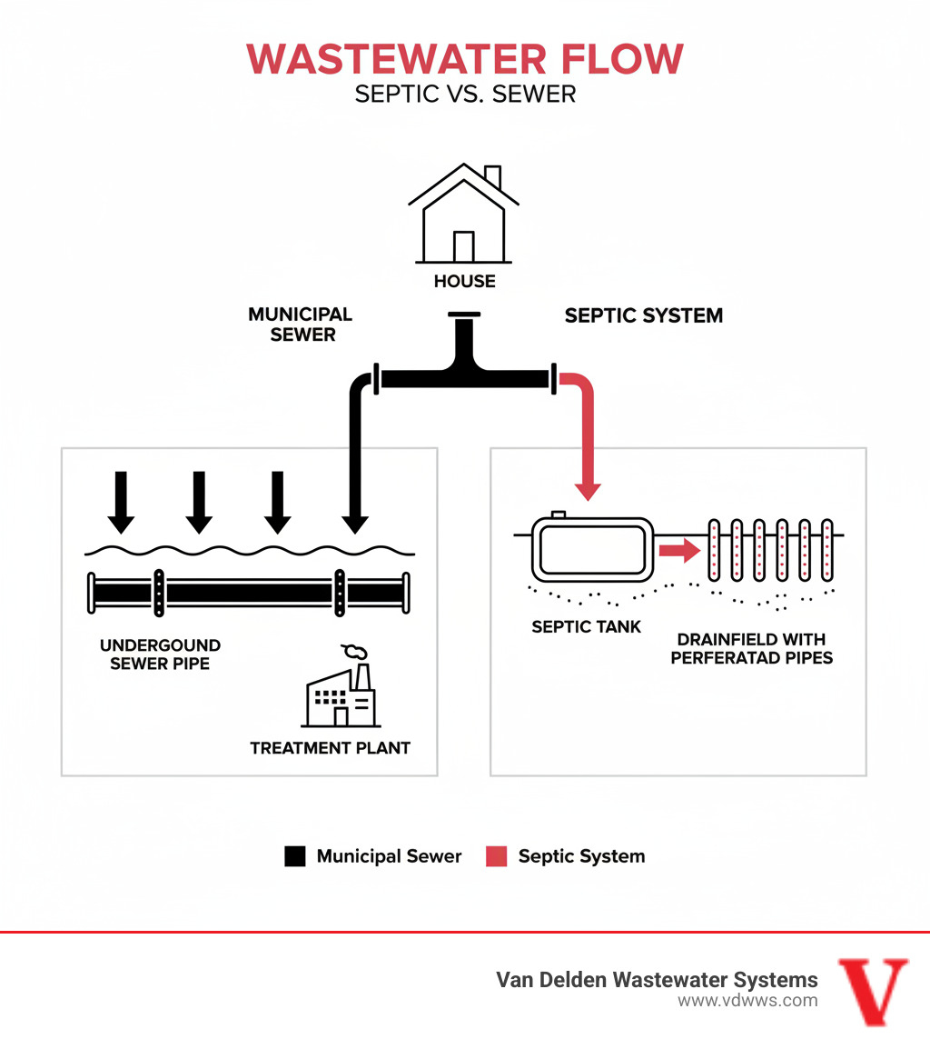 infographic showing wastewater flow from house splitting into two paths - one with black arrows leading to municipal sewer pipe underground, and one with red arrows leading to septic tank and drainfield system with perforated pipes, all using simple black icons on white background - does every house have a septic tank infographic 