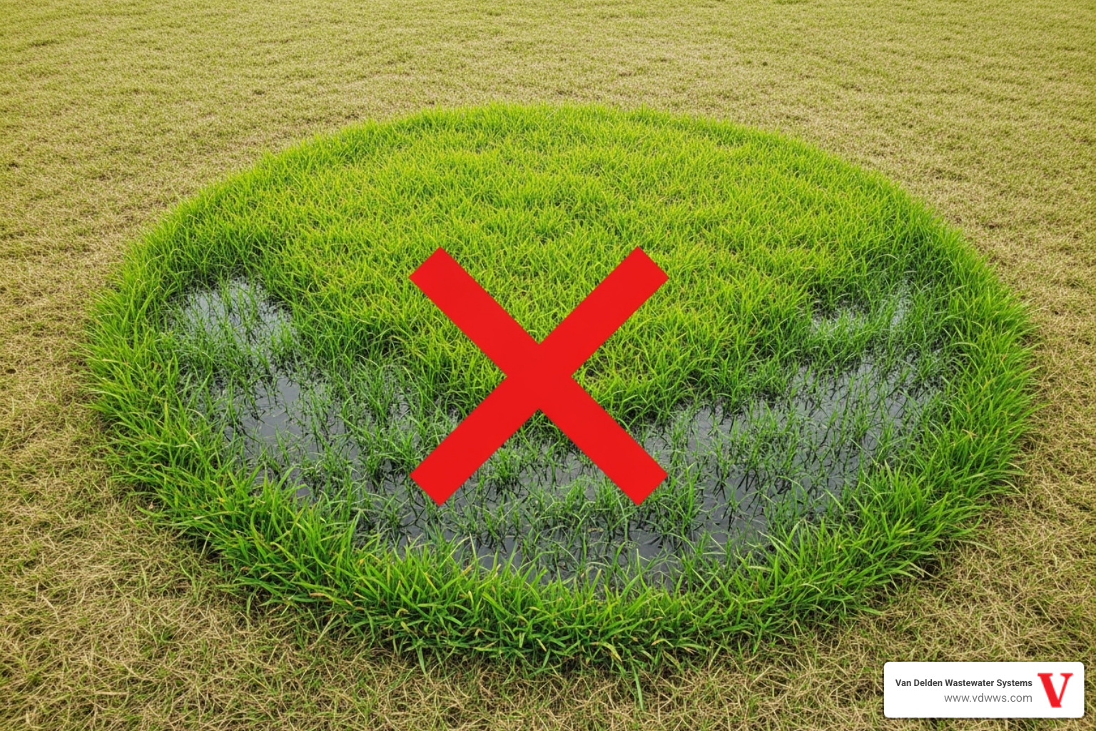 soggy, overly green patch of grass above a failing drainfield, with a red X graphic superimposed - does every house have a septic tank