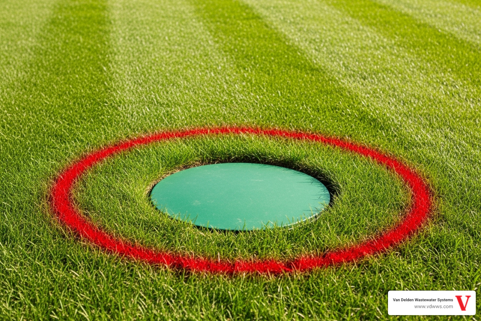 visible green septic tank riser lid in a lawn, highlighted with a red circle - does every house have a septic tank