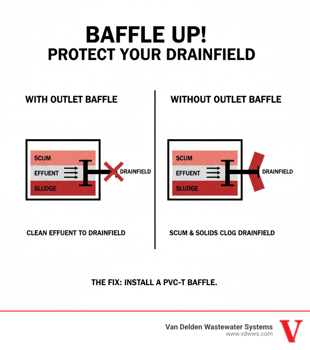 Infographic showing a cross-section of a septic tank with three distinct layers labeled (scum at top, effluent in middle, sludge at bottom). The outlet baffle is shown as a T-shaped pipe extending down into the effluent layer, with arrows showing clean effluent flowing out to the drainfield while scum and solids are blocked. A contrasting side panel shows what happens without a baffle: scum and solids flowing directly into drainfield pipes. Use brand colors red #fe0103, white #ffffff, and black #000000 for clear contrast and labeling. - my septic tank is missing the outlet baffle infographic 