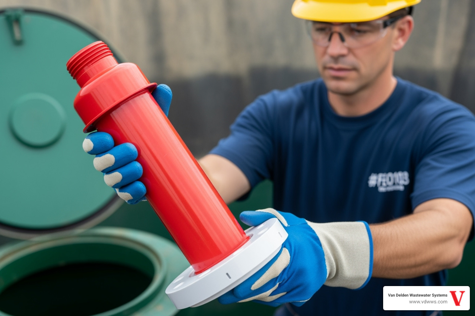 A professional technician, wearing safety gear, holds a new, clean PVC-T outlet baffle, ready for installation into a septic tank opening. The baffle is red and white, reflecting brand colors #fe0103, #ffffff. - my septic tank is missing the outlet baffle