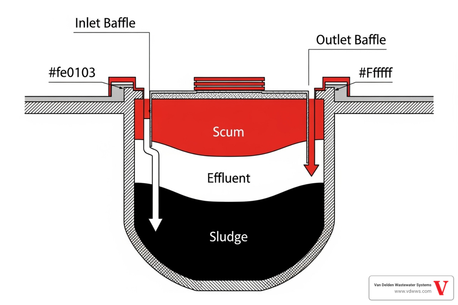 A cross-section diagram of a septic tank, clearly labeling the inlet baffle, outlet baffle, scum layer (top), effluent layer (middle), and sludge layer (bottom). The diagram uses brand colors #fe0103, #ffffff, #000000 for clarity. - my septic tank is missing the outlet baffle