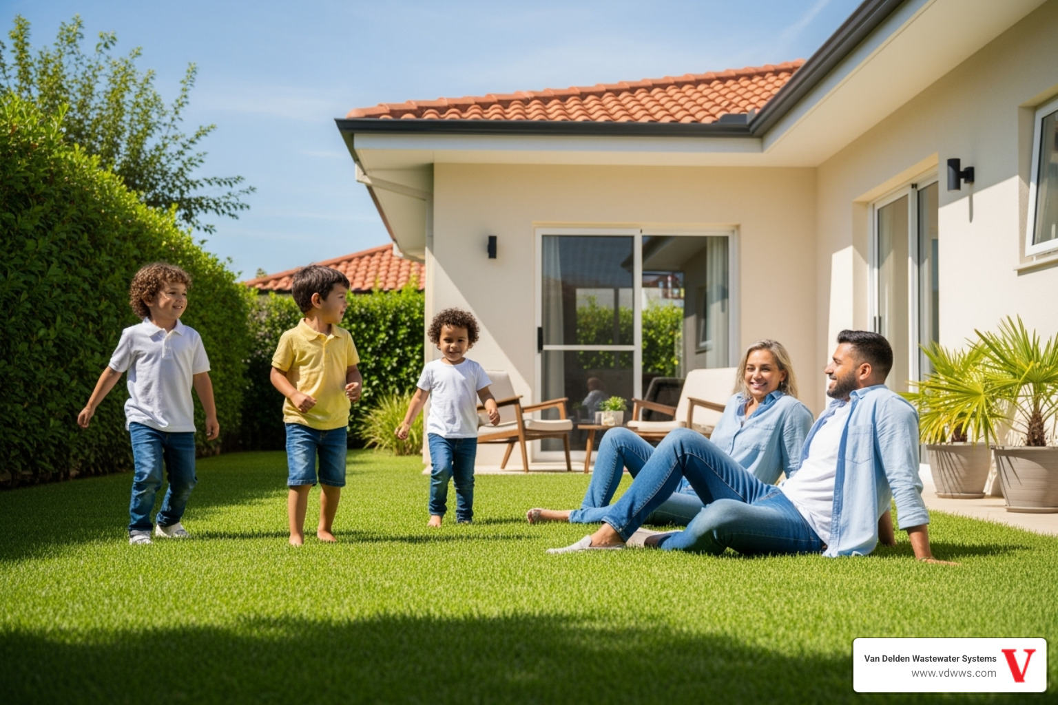 A family enjoying their backyard on a sunny day, with lush green grass and children playing. The scene evokes peace of mind and the unseen, proper functioning of a well-maintained septic system. The vibrant green grass and clear sky reflect brand colors #fe0103, #ffffff, #000000. - my septic tank is missing the outlet baffle