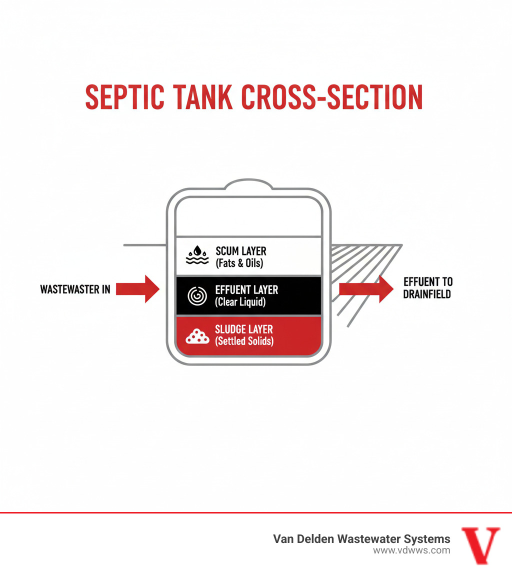 Infographic showing septic tank cross-section with three distinct layers labeled: scum layer (fats and oils) floating at top in white, middle effluent layer (clear liquid) in black, and bottom sludge layer (settled solids) in red, with arrows showing wastewater entering and effluent exiting to drainfield, using brand colors #fe0103, #ffffff, #000000 - price to empty septic tank infographic 