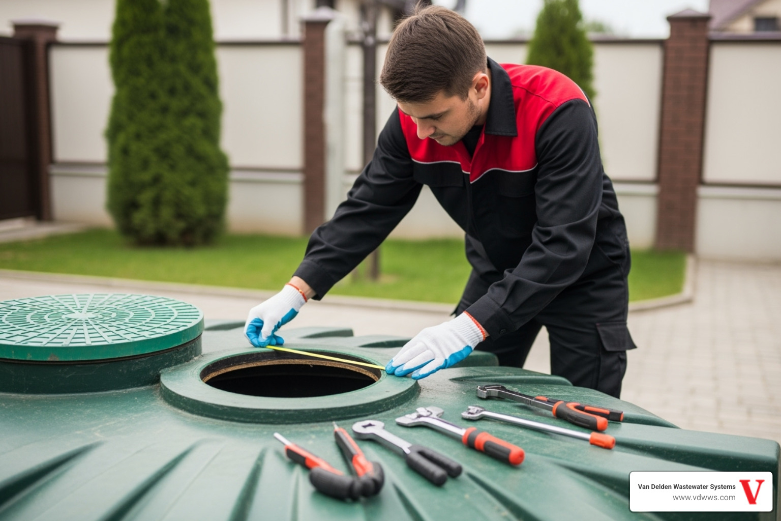 A technician in a black uniform with red accents, wearing white gloves, measures the opening of a septic tank lid for a riser installation, with tools laid out neatly around the tank. - price to empty septic tank