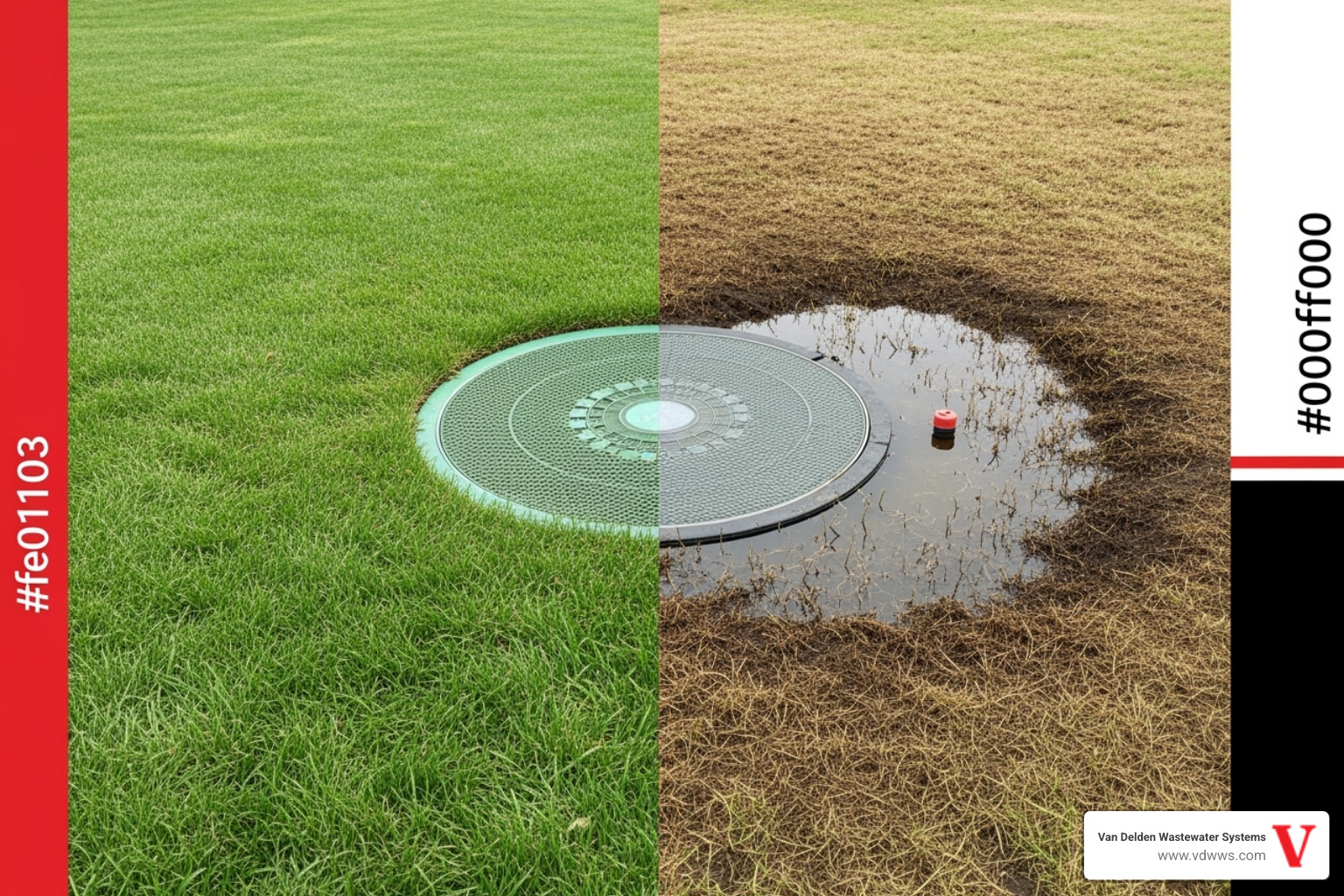 A vibrant green, healthy lawn above a well-maintained drainfield contrasts sharply with a waterlogged, brown, and damaged area above a failed septic system, highlighting the benefits of regular maintenance, using brand colors #fe0103, #ffffff, #000000 - price to empty septic tank