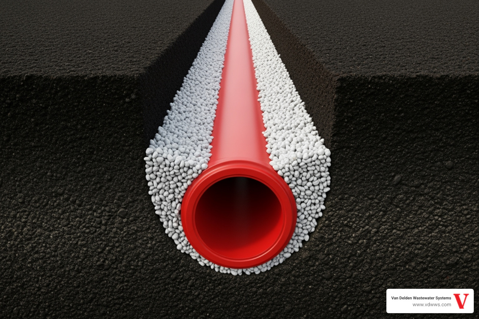 cross-section of a leach field line showing the perforated pipe, gravel, and surrounding soil in brand colors #fe0103, #ffffff, #000000 - cleaning leach field lines