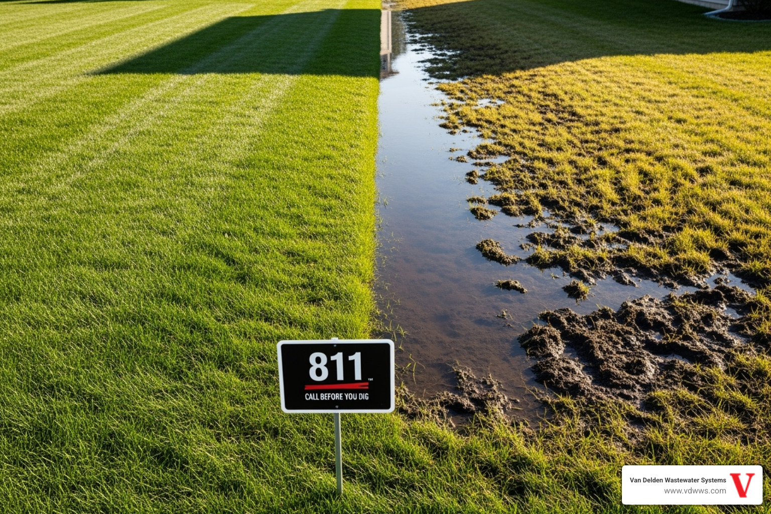 healthy green lawn contrasted with a soggy, discolored lawn with standing water, indicating a failing leach field, using brand colors #fe0103, #ffffff, #000000 - cleaning leach field lines