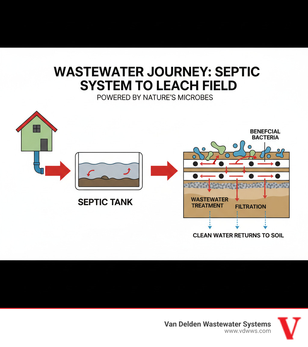 infographic showing wastewater flow from house through septic tank to leach field pipes in soil with arrows indicating treatment stages and beneficial bacteria breaking down waste in the drain field trenches - cleaning leach field lines infographic 