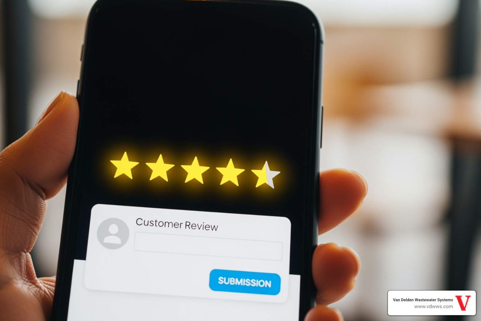 a smartphone screen displaying a 5-star review for a septic service company - "Can you list some septic tank repair companies near me?"