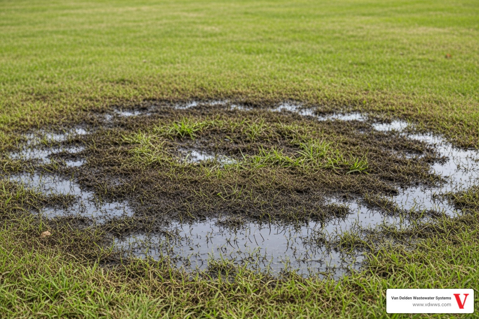 soggy patch of grass over a drainfield - "Can you list some septic tank repair companies near me?"
