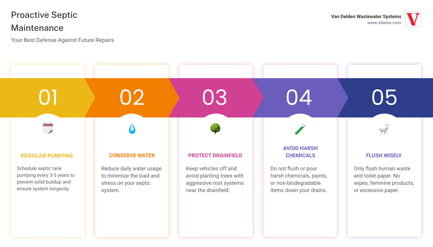 infographic showing septic system do's and don'ts, including flushing only human waste and toilet paper, avoiding harsh chemicals, conserving water, and protecting the drainfield - "Can you list some septic tank repair companies near me?" infographic pillar-5-steps