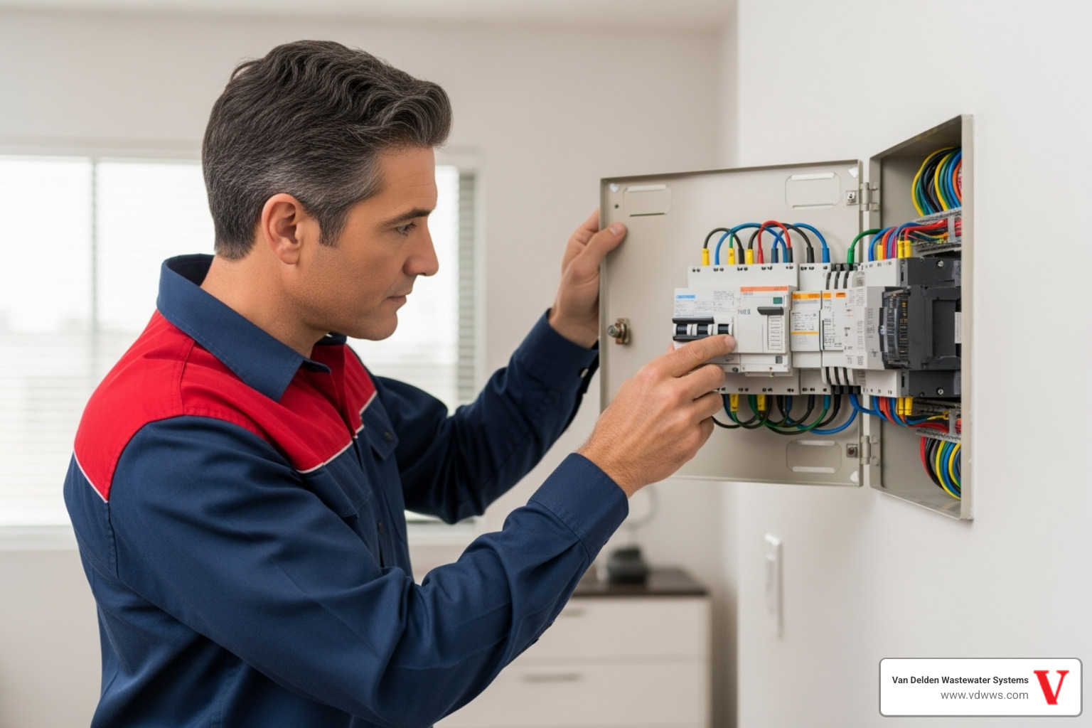 homeowner safely looking at their home's circuit breaker box, featuring brand colors #fe0103, #ffffff, #000000 - septic air pump alarm going off