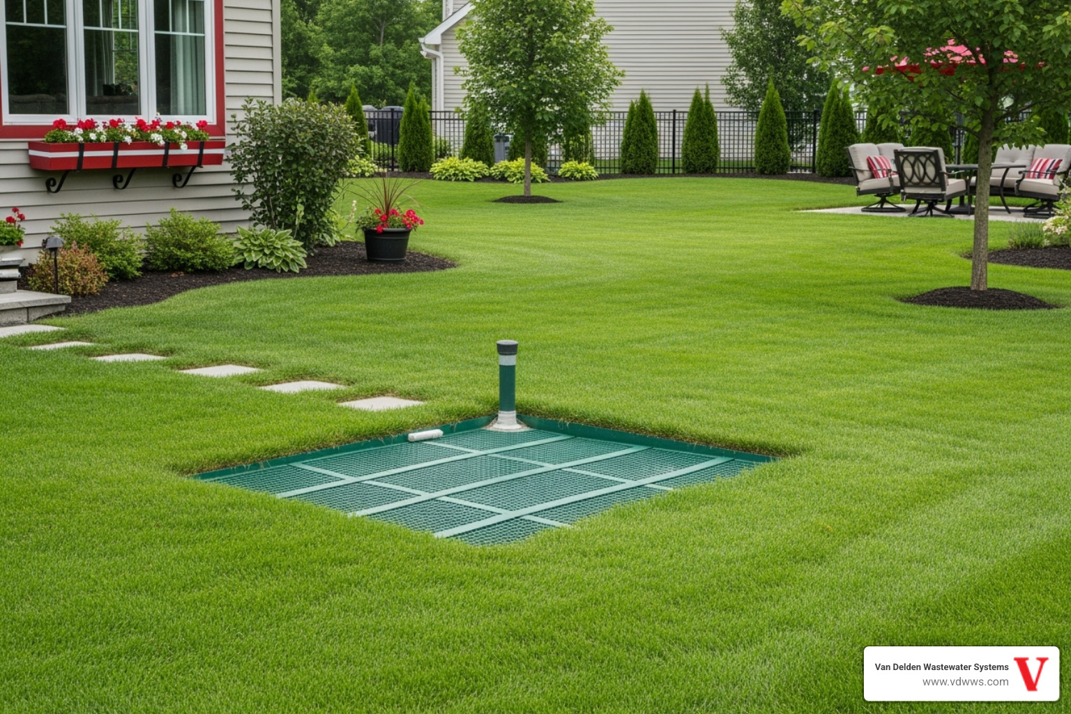 well-maintained yard with a clear, protected drainfield area, using brand colors #fe0103, #ffffff, #000000 - septic air pump alarm going off