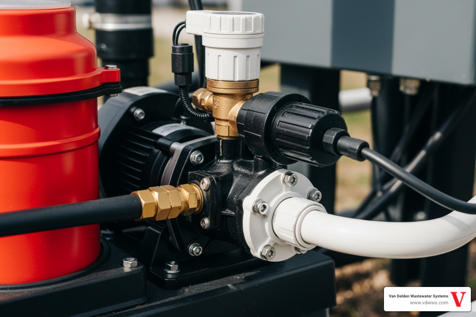 close-up of an aerobic septic system's air pump and components, with brand colors #fe0103, #ffffff, #000000 - septic air pump alarm going off