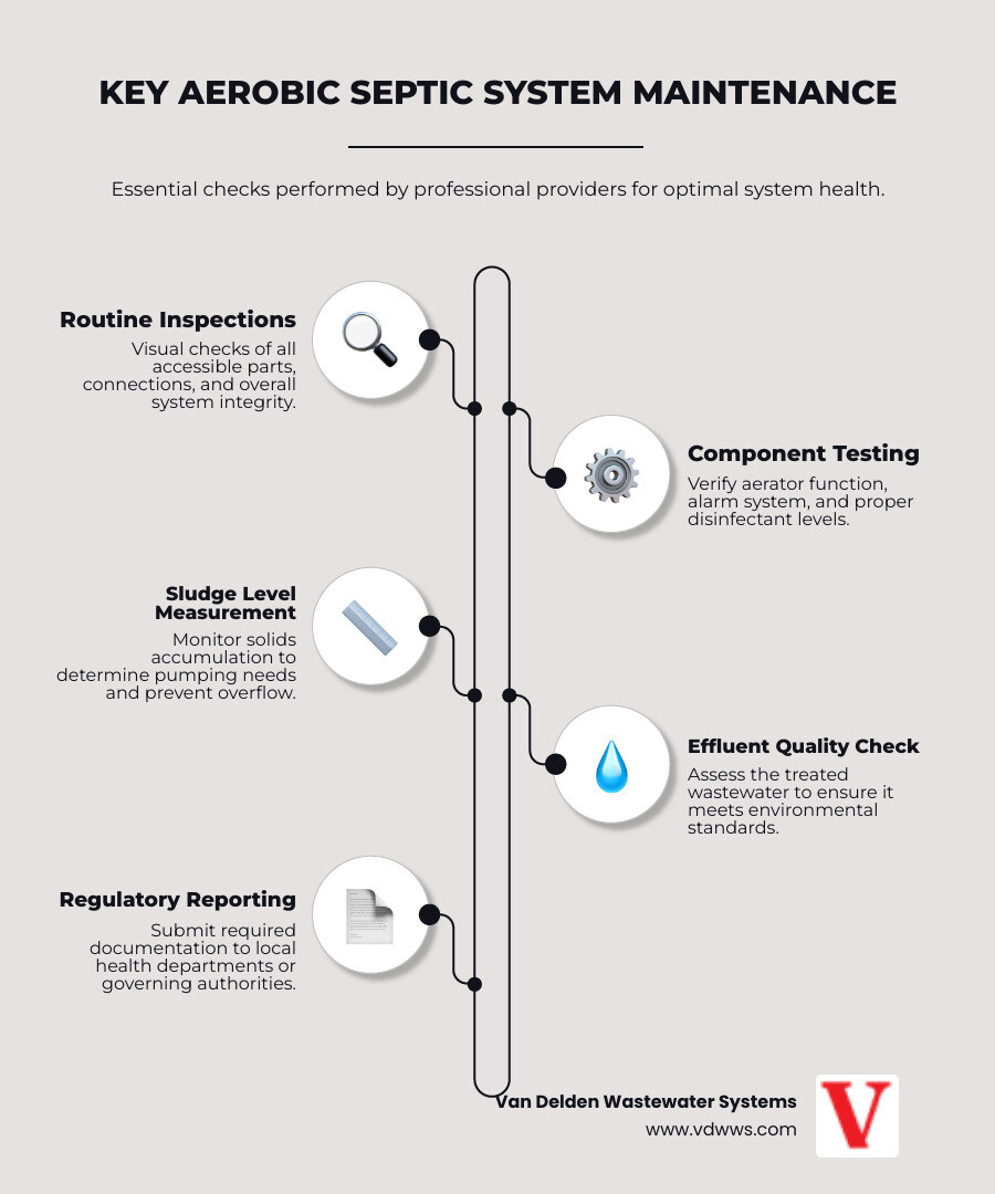 infographic explaining key components of aerobic septic system maintenance including routine inspections, component testing, aerator checks, sludge level measurement, effluent testing, disinfectant monitoring, and governing authority reporting with recommended maintenance frequency - "List the best aerobic septic system maintenance providers near me." infographic infographic-line-5-steps-elegant_beige infographic explaining key components of aerobic septic system maintenance including routine inspections, component testing, aerator checks, sludge level measurement, effluent testing, disinfectant monitoring, and governing authority reporting with recommended maintenance frequency - "List the best aerobic septic system maintenance providers near me." infographic infographic-line-5-steps-elegant_beige