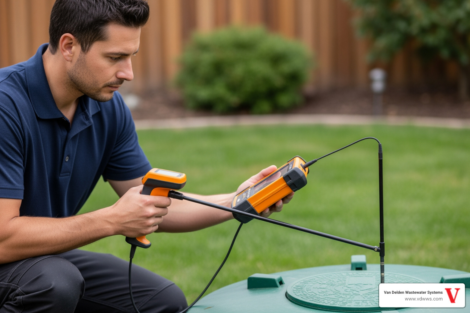 Professional technician using an electronic septic tank locator - best way to find septic tank lid Professional technician using an electronic septic tank locator - best way to find septic tank lid