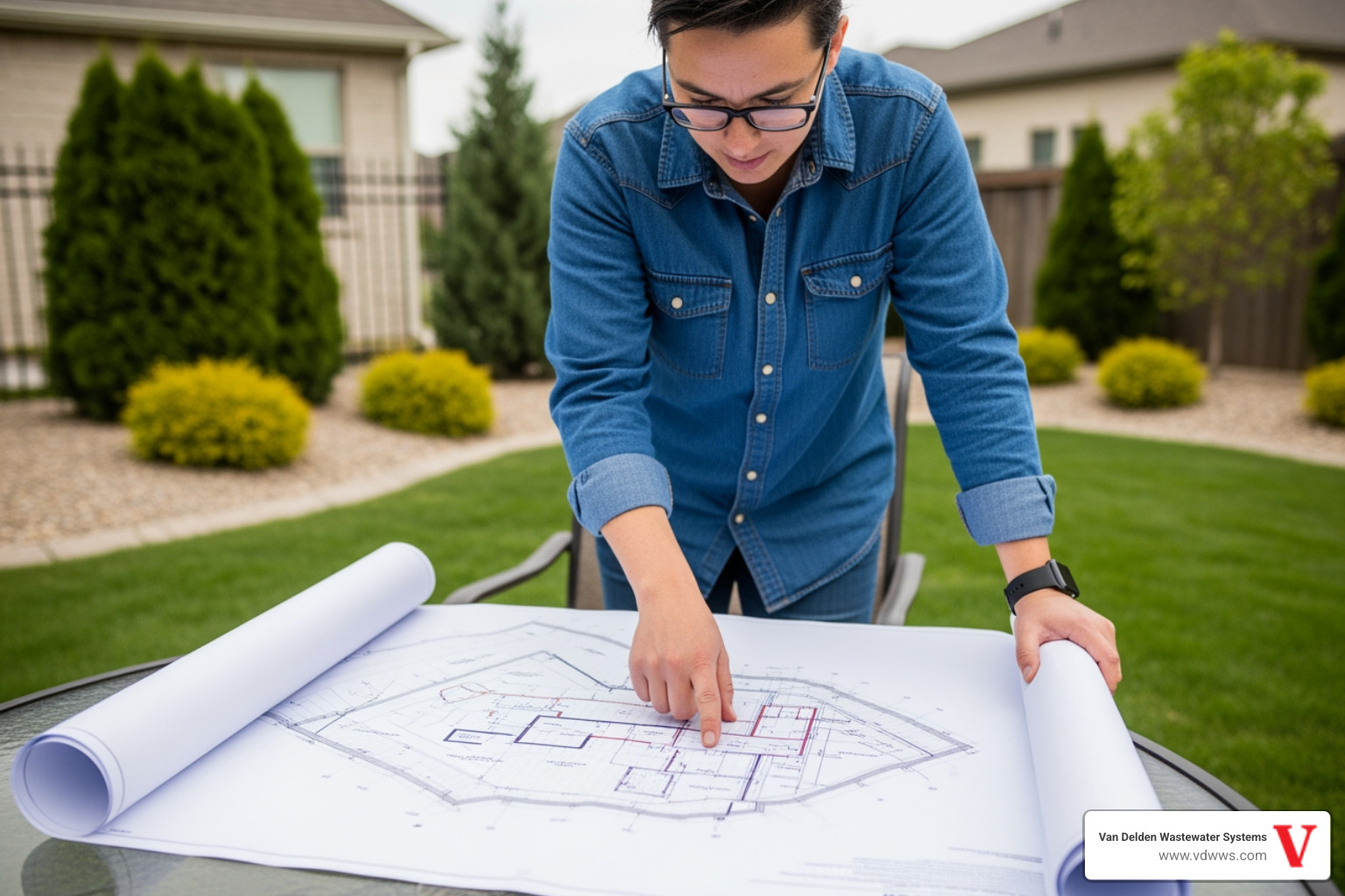 Person looking at property plans in their yard, pointing towards a possible septic tank location - best way to find septic tank lid Person looking at property plans in their yard, pointing towards a possible septic tank location - best way to find septic tank lid