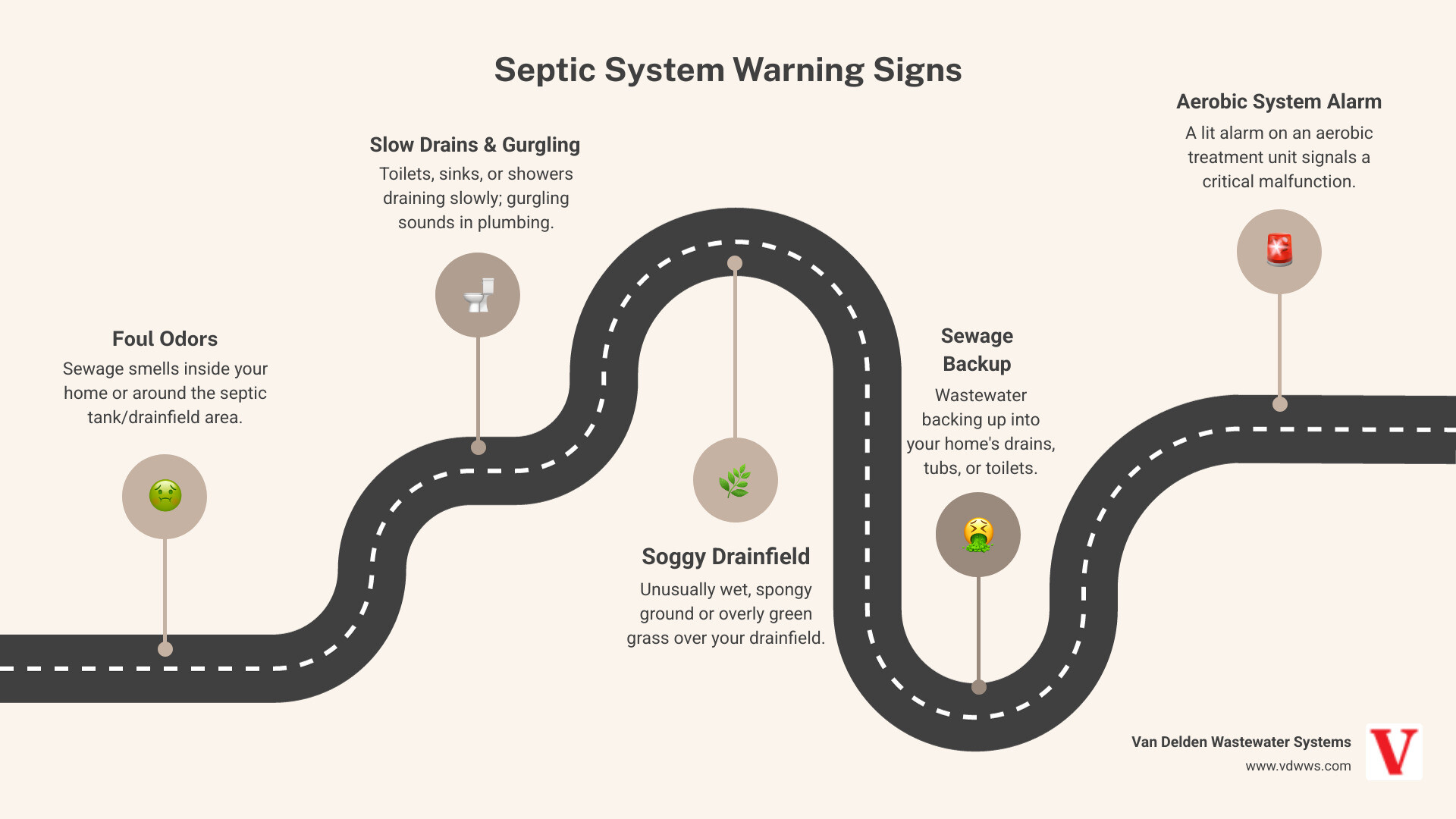 Infographic showing warning signs of septic system failure including foul odors, slow drains, gurgling sounds, soggy grass over drainfield, and sewage backup, with recommended action steps for Sisterdale homeowners - affordable septic system repairs service in sisterdale tx infographic roadmap-5-steps Infographic showing warning signs of septic system failure including foul odors, slow drains, gurgling sounds, soggy grass over drainfield, and sewage backup, with recommended action steps for Sisterdale homeowners - affordable septic system repairs service in sisterdale tx infographic roadmap-5-steps