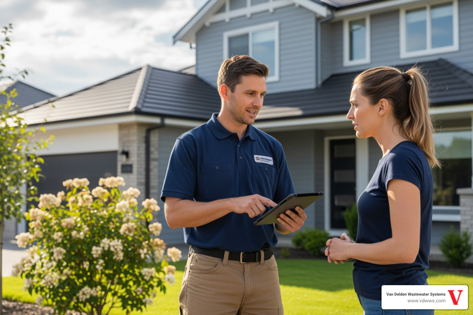 Professional technician clearly explaining a diagnosis to a homeowner - affordable septic system repairs service in sisterdale tx Professional technician clearly explaining a diagnosis to a homeowner - affordable septic system repairs service in sisterdale tx