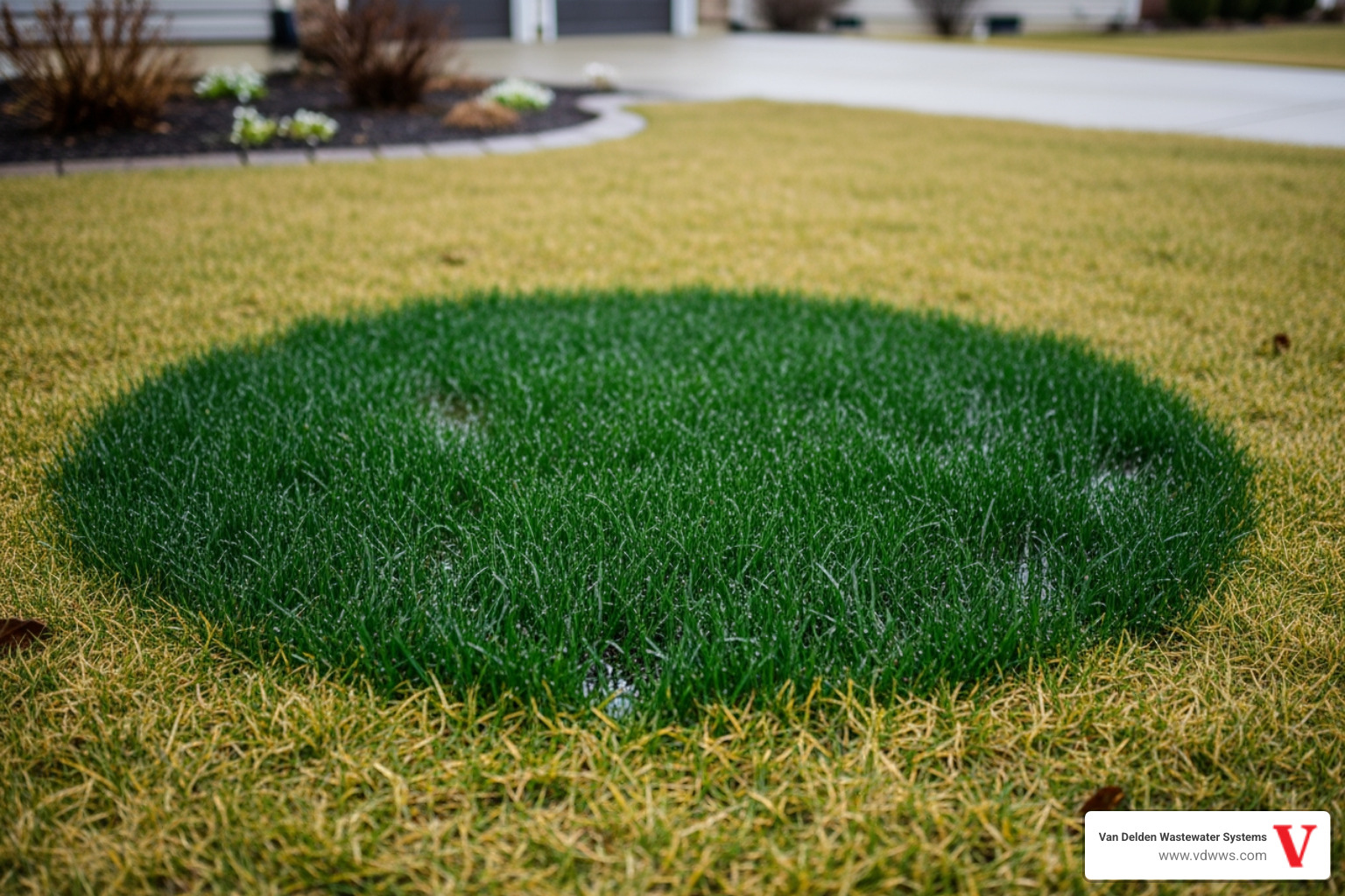 Soggy, overly green patch of grass in a yard indicating a drainfield problem - affordable septic system repairs service in sisterdale tx Soggy, overly green patch of grass in a yard indicating a drainfield problem - affordable septic system repairs service in sisterdale tx